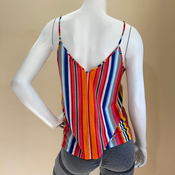 Zara Trafaluc Womens Cami Top Size L Colourful Rainbow Stripe Black Lace Trim - Picture 2 of 8